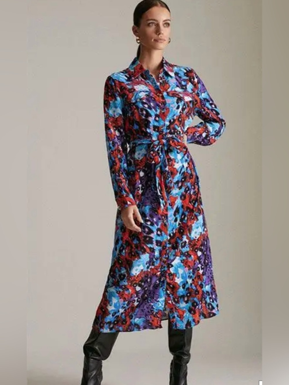 Karen Millen Women's Blue & Purple Abstract Print Midi Shirt Dress